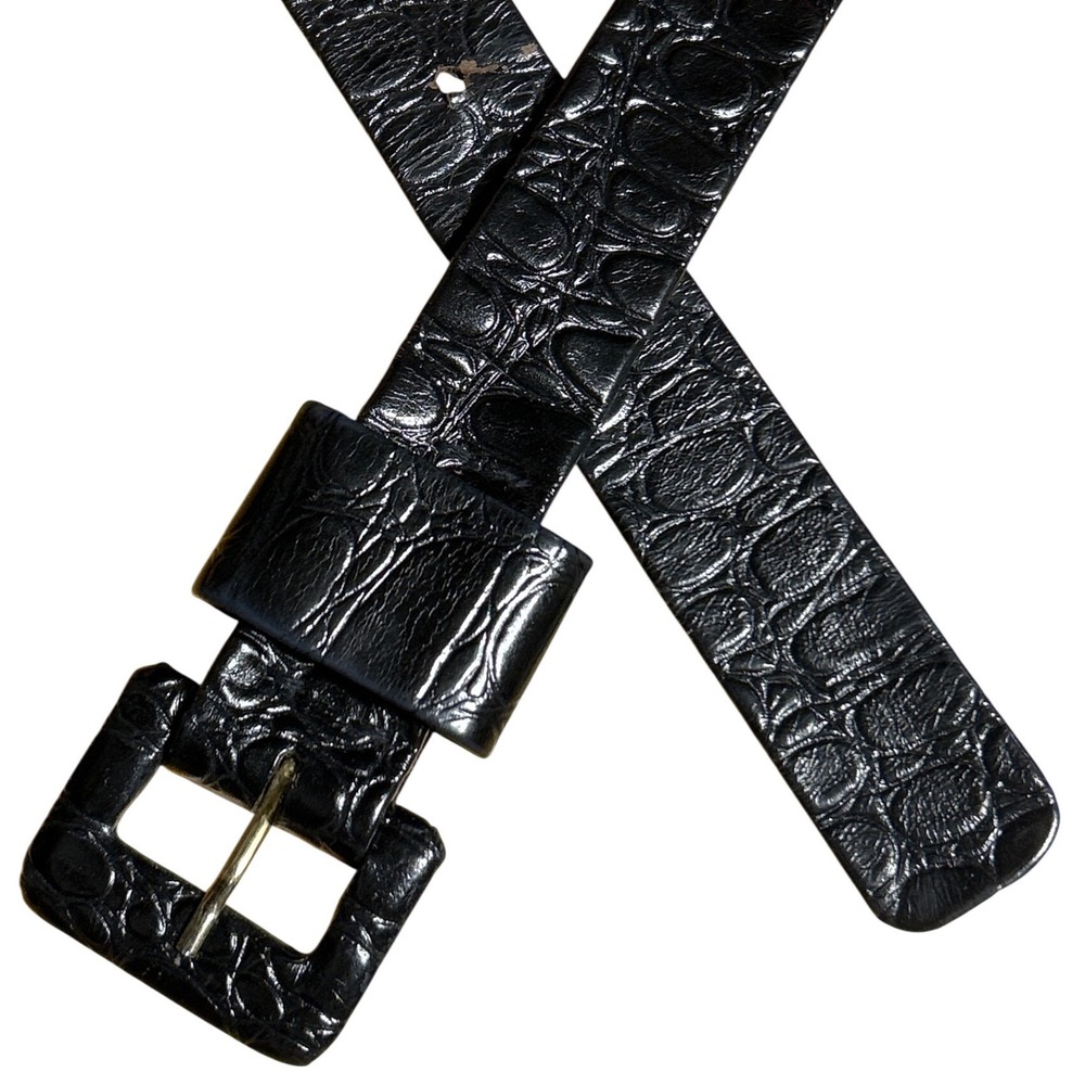 VTG Ellen Tracy Black Crocodile Embossed Covered Buckle Leather Belt Sz 30"-33"